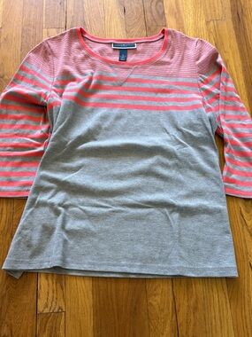 Karen Scott Coral and Gray Striped Long Sleeve Tee